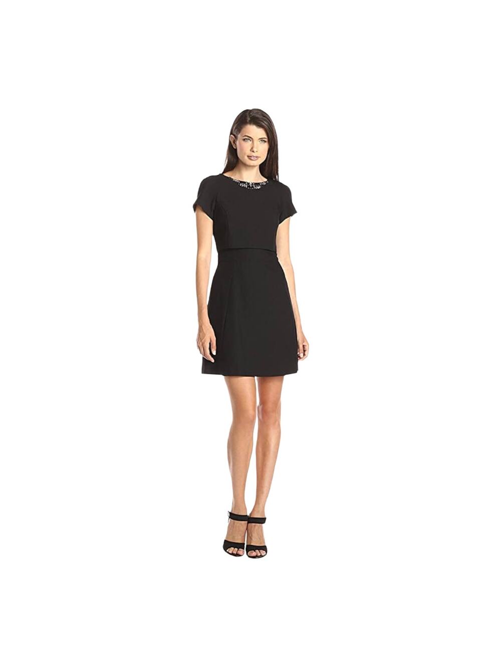 Vince Camuto Black Embellished-Neck Pop-Over Fit-and-Flare Dress Women's 8 NEW - Picture 1 of 14